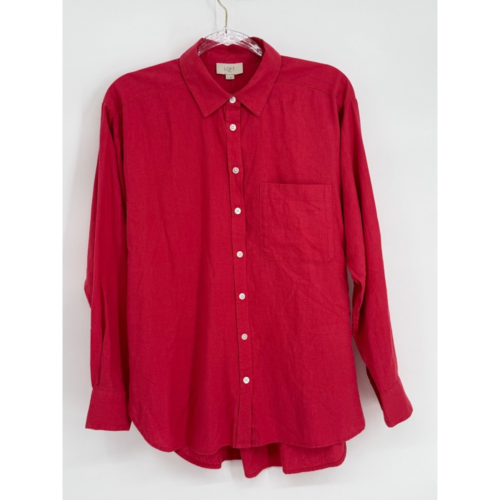 LOFT Outlet Red Linen Blend Button Down Shirt Long Sleeve Sz S NEW Orig $70